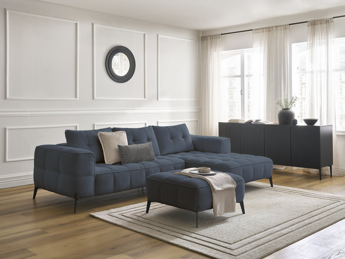 Canapé d'angle ANIS bouclette avec pouf bleu foncé