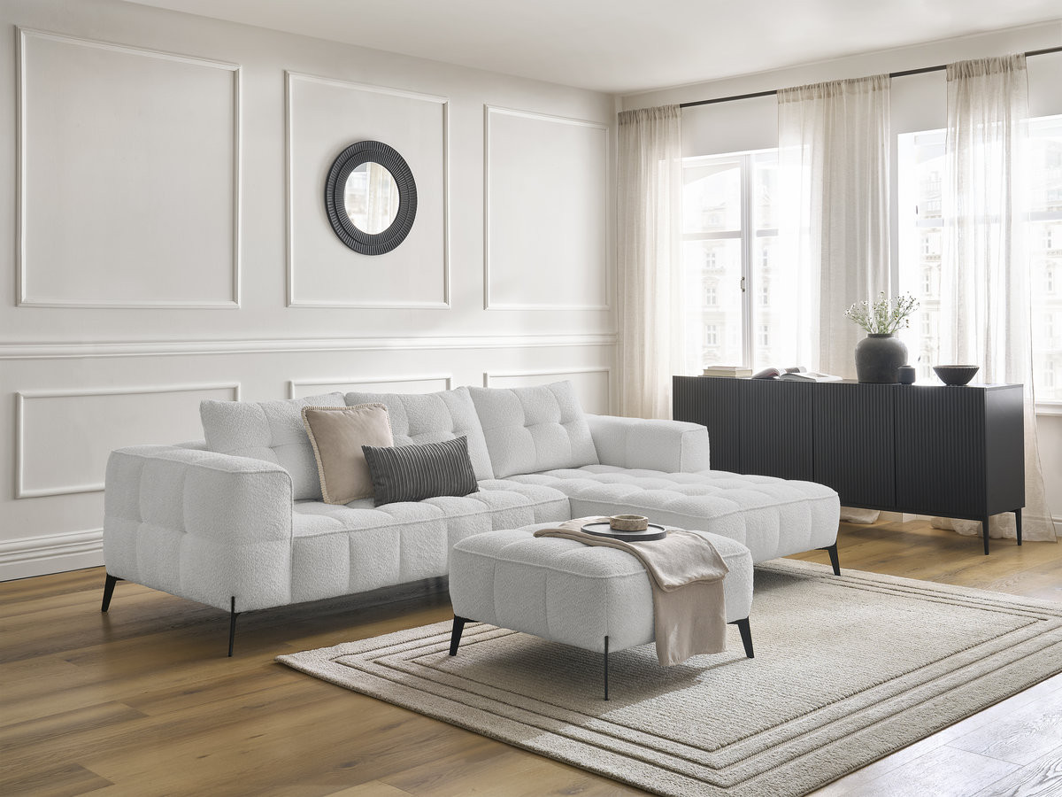 Canapé d'angle ANIS bouclette avec pouf gris clair