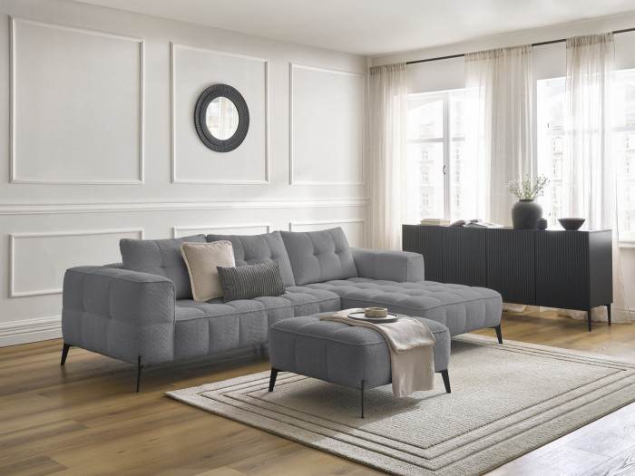 Canapé d'angle fixe ANIS tissu bouclette avec pouf