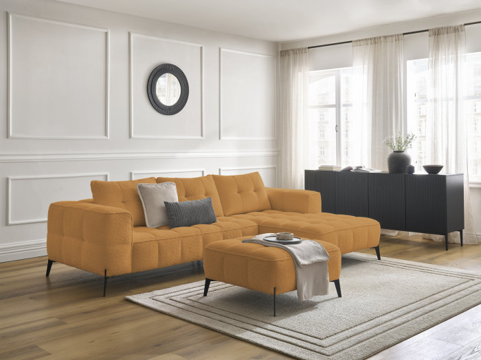 Canapé d'angle fixe ANIS tissu bouclette avec pouf