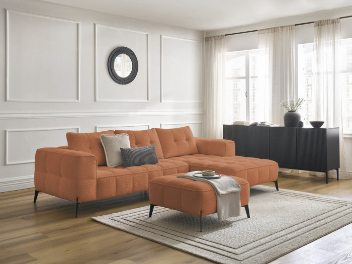 Canapé d'angle fixe ANIS tissu bouclette avec pouf