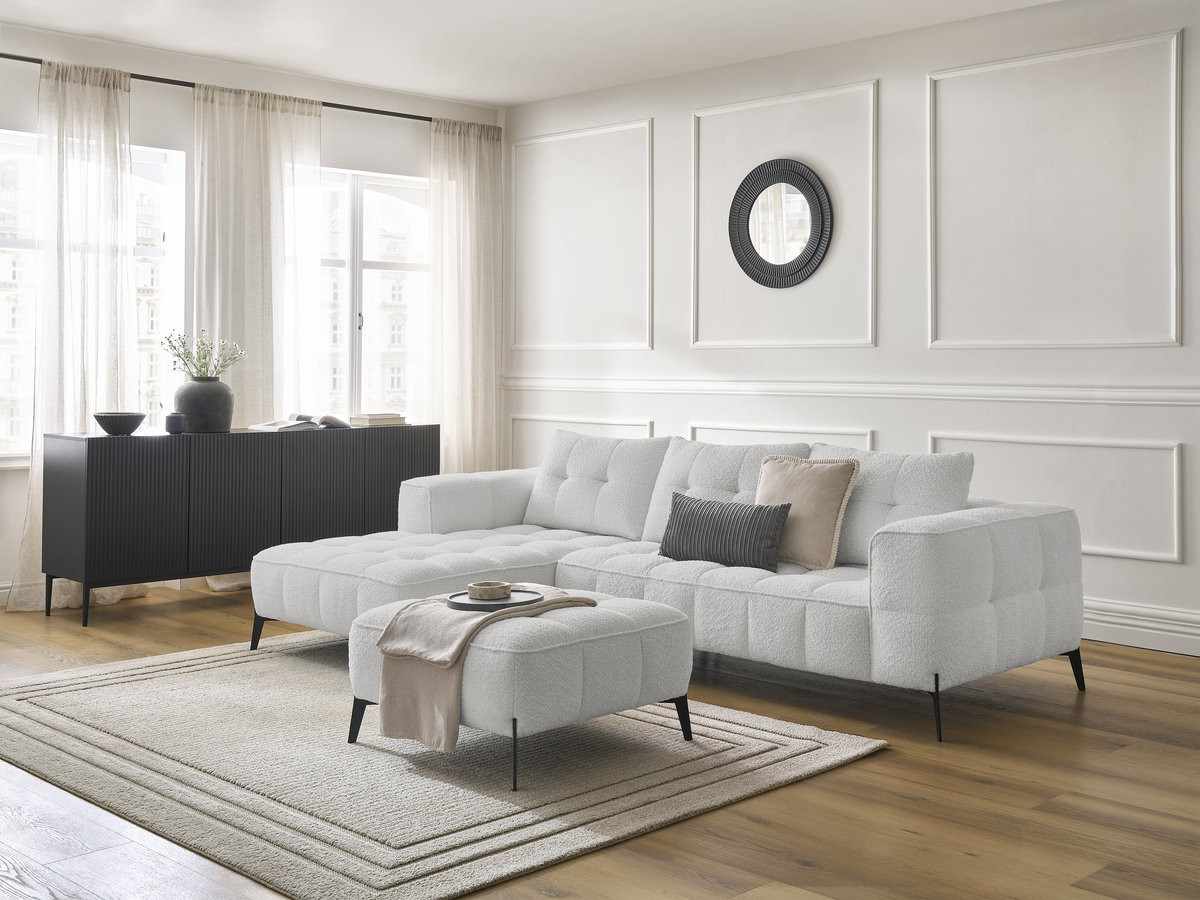 Canapé d'angle fixe ANIS tissu bouclette avec pouf gris clair angle gauche BOBOCHIC 3 places