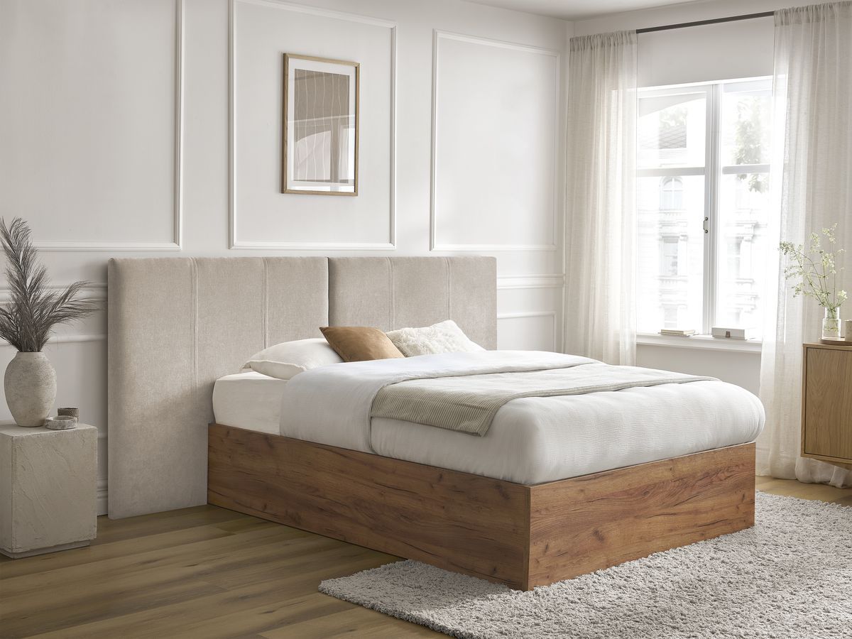 Lit coffre ALTIRA en bois clair et tissu texturé