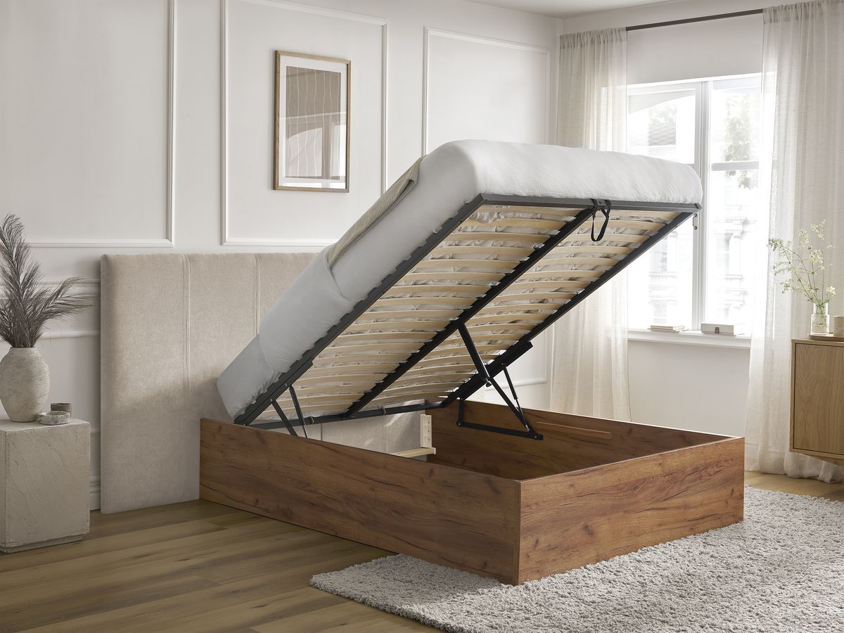 ALTIRA opbergbed in licht hout en structuurstof