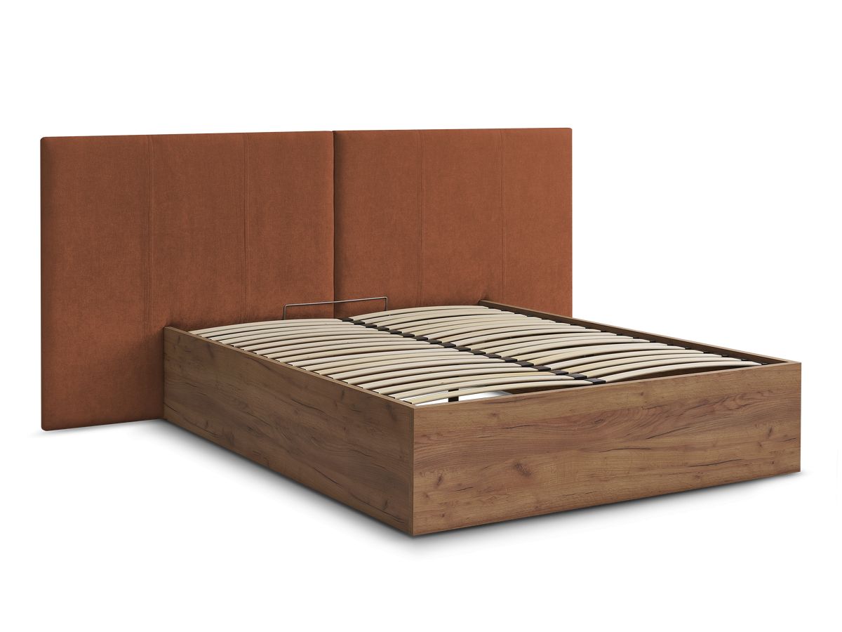 altira opbergbed in licht hout en structuurstof gekleurd oranje