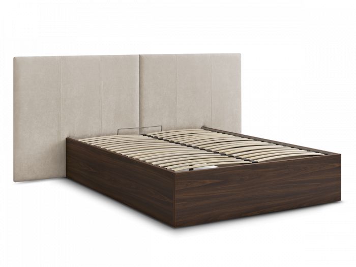 Lit coffre ALTIRA en bois foncé et tissu texturé