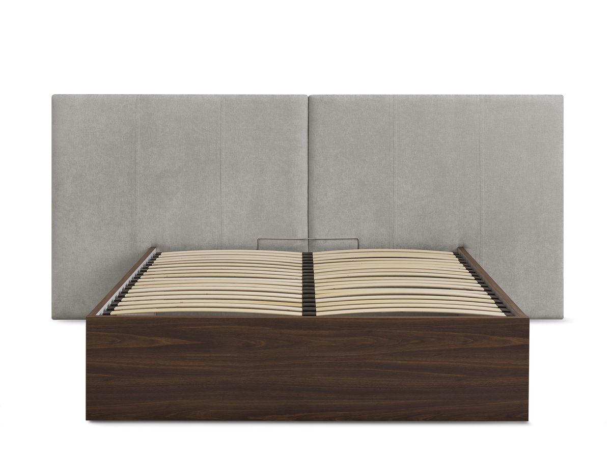 altira opbergbed in donker hout en structuurstof gekleurd grijs