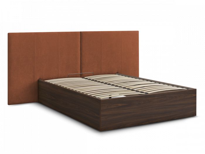 Lit coffre ALTIRA en bois foncé et tissu texturé