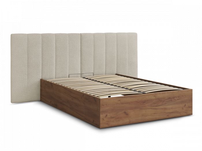 Lit coffre TIMO en bois clair et tissu bouclette