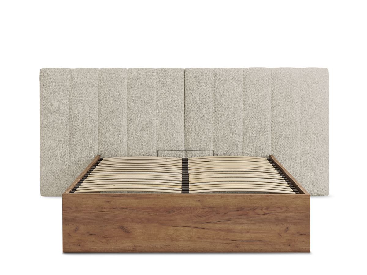 Lit coffre TIMO en bois clair et tissu bouclette