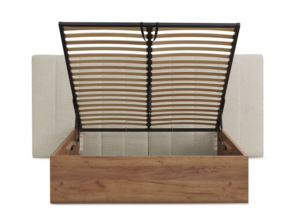 Lit coffre TIMO en bois clair et tissu bouclette