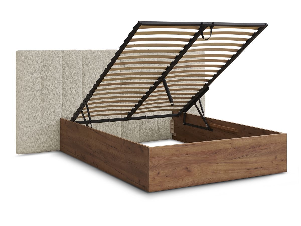 Lit coffre TIMO en bois clair et tissu bouclette