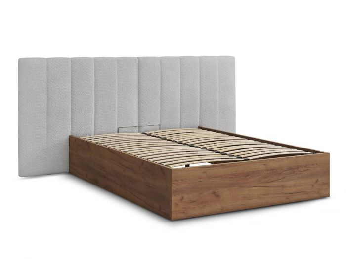 Lit coffre TIMO en bois clair et tissu bouclette