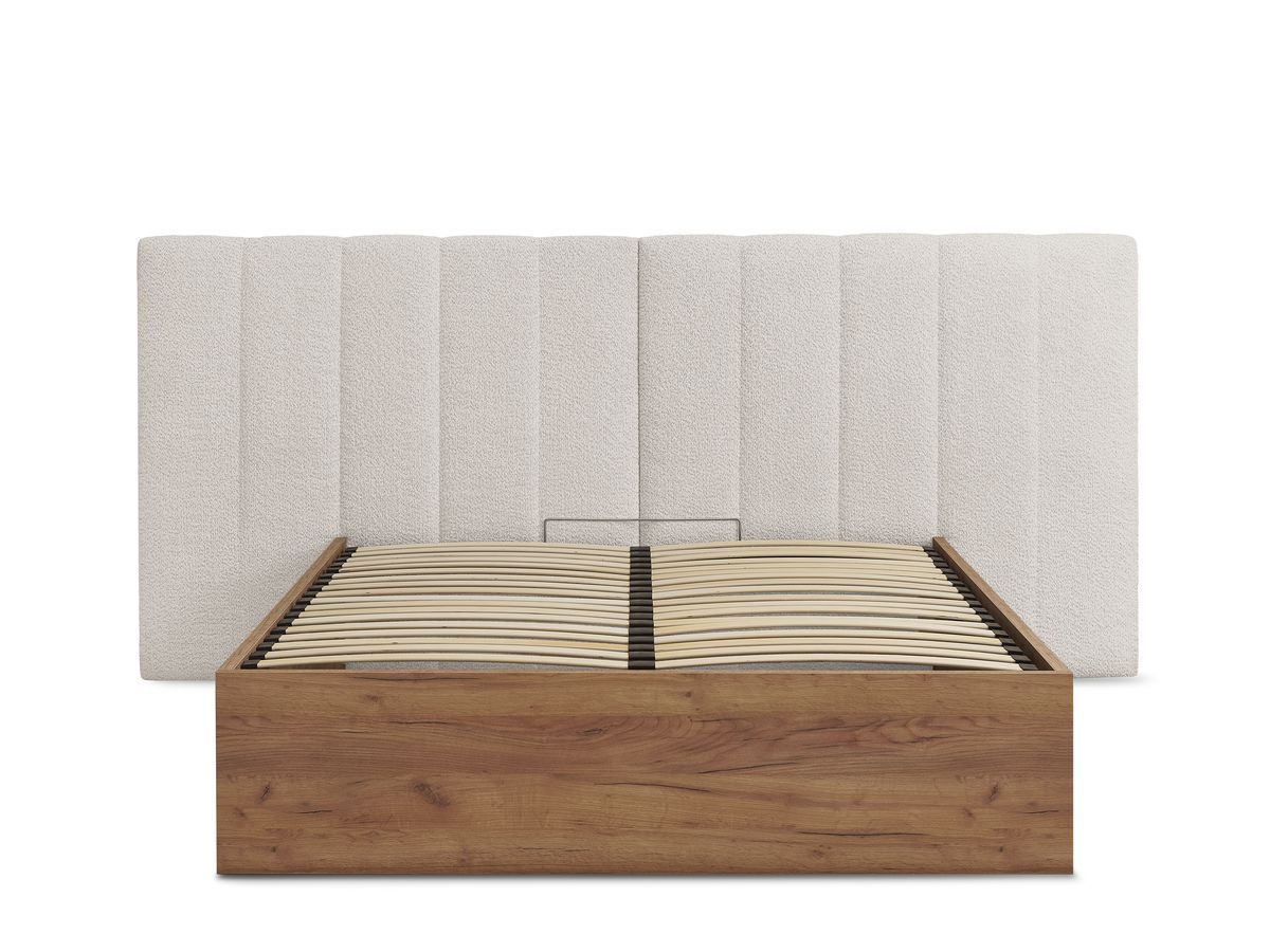 Lit coffre TIMO en bois clair et tissu bouclette