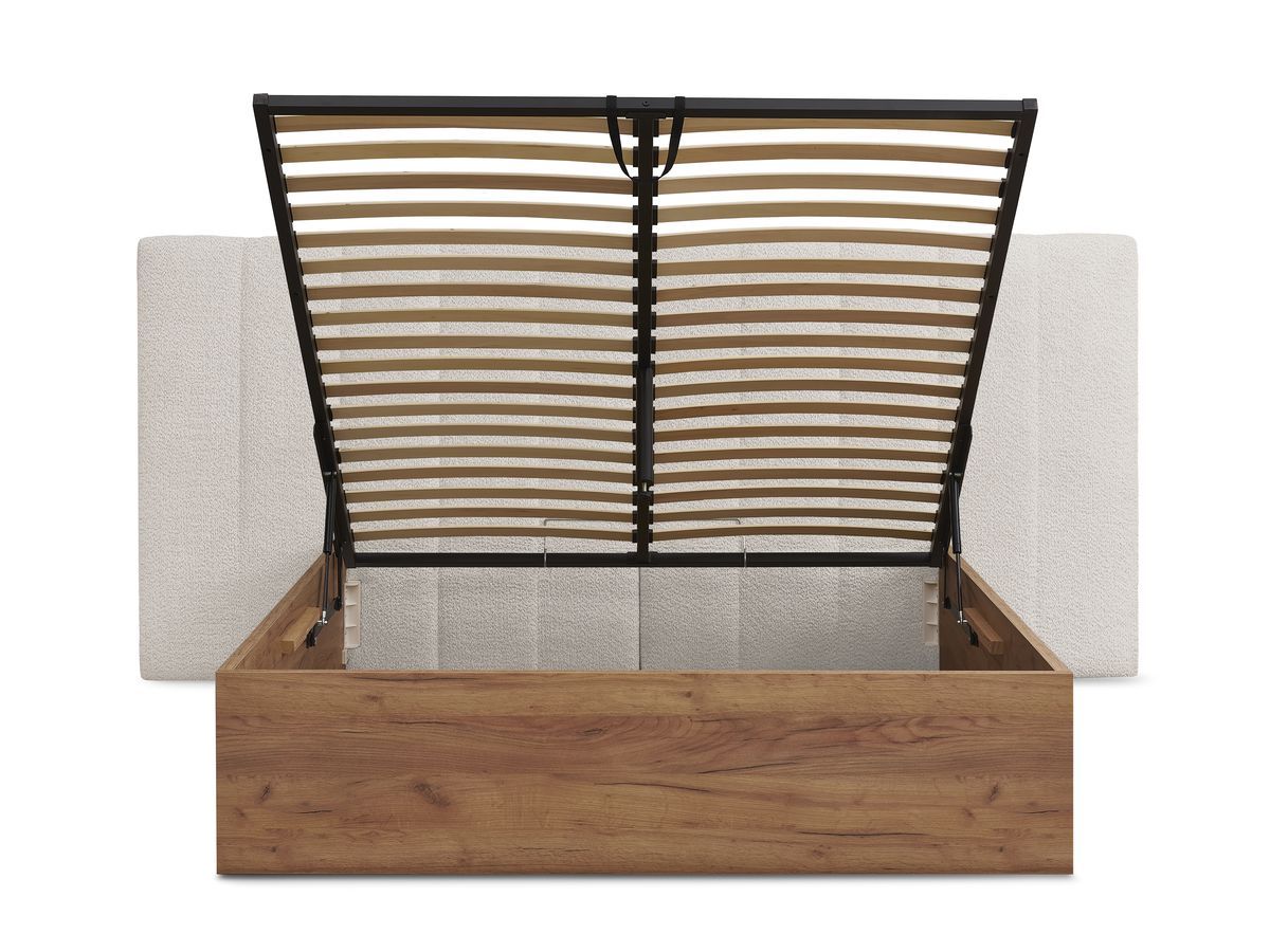 Lit coffre TIMO en bois clair et tissu bouclette