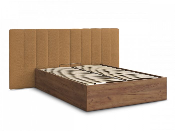 Lit coffre TIMO en bois clair et tissu bouclette