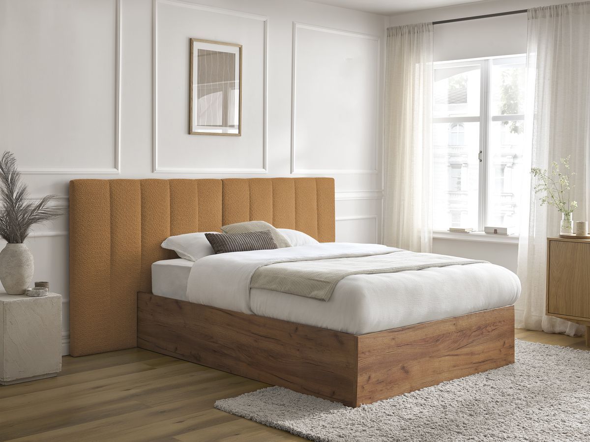 Lit coffre TIMO en bois clair et bouclette jaune