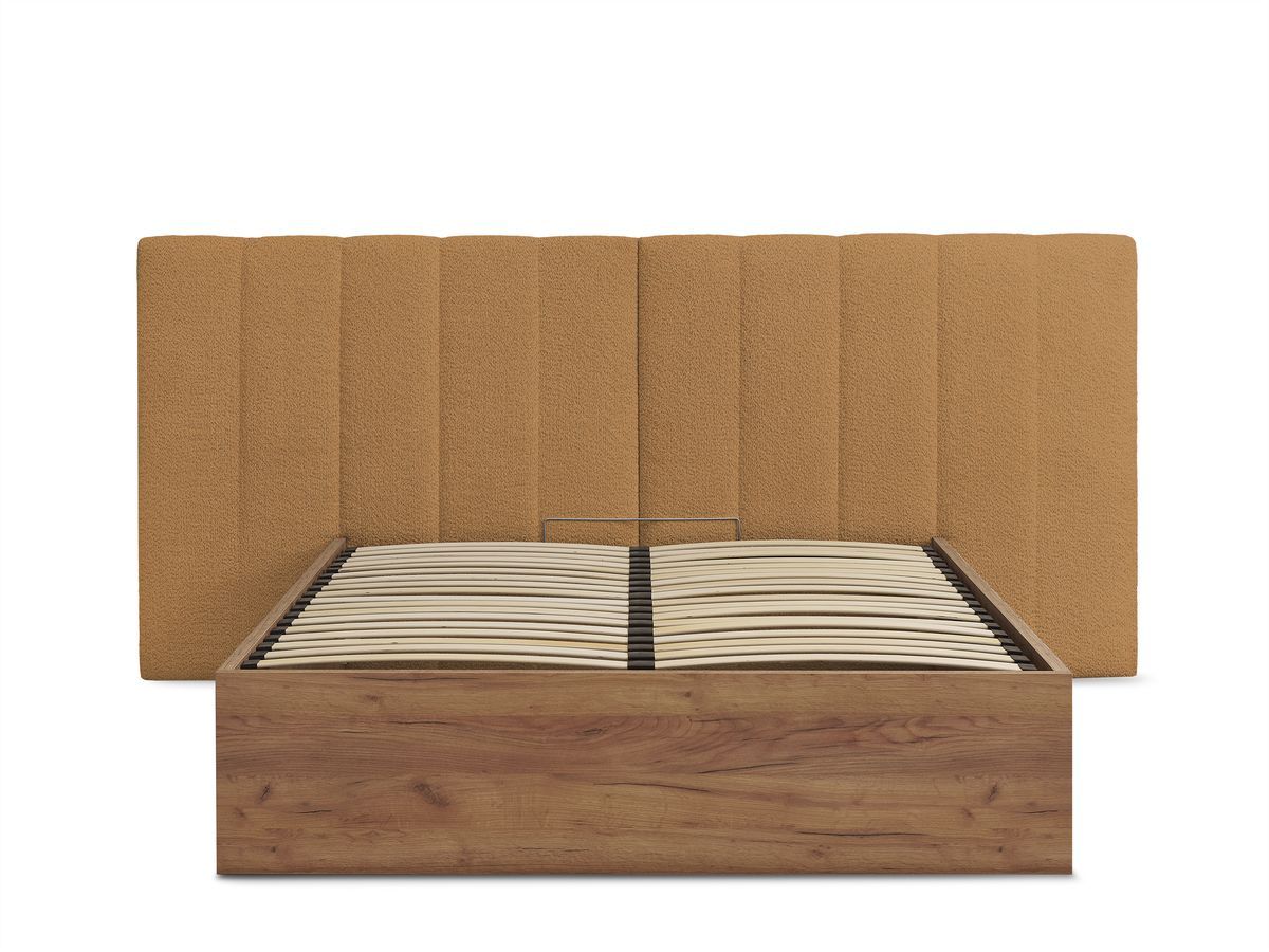 Lit coffre TIMO en bois clair et tissu bouclette