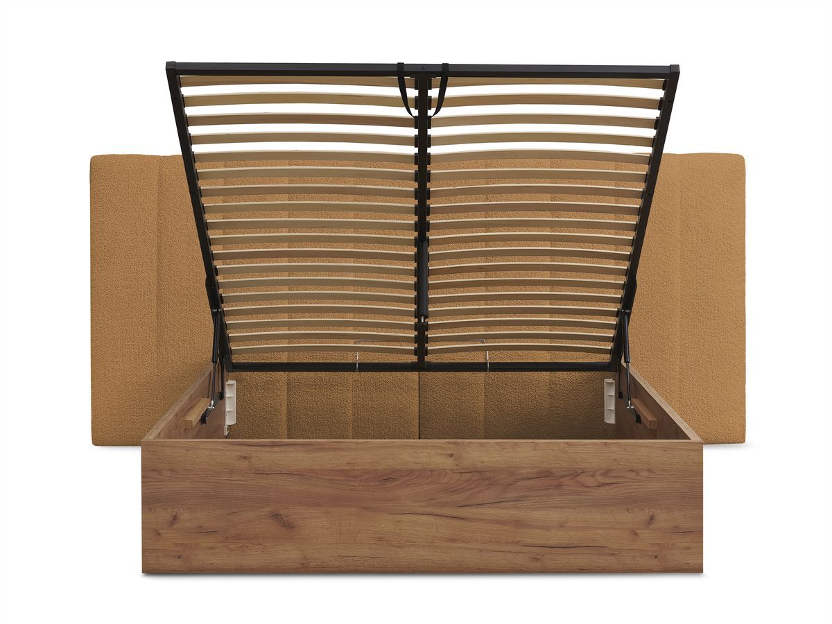 Lit coffre TIMO en bois clair et tissu bouclette