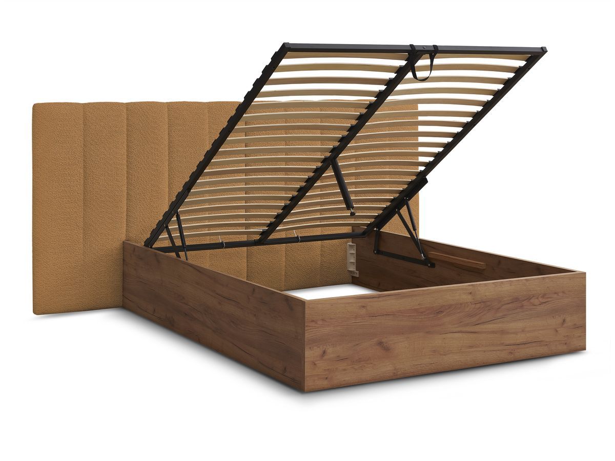 Lit coffre TIMO en bois clair et tissu bouclette