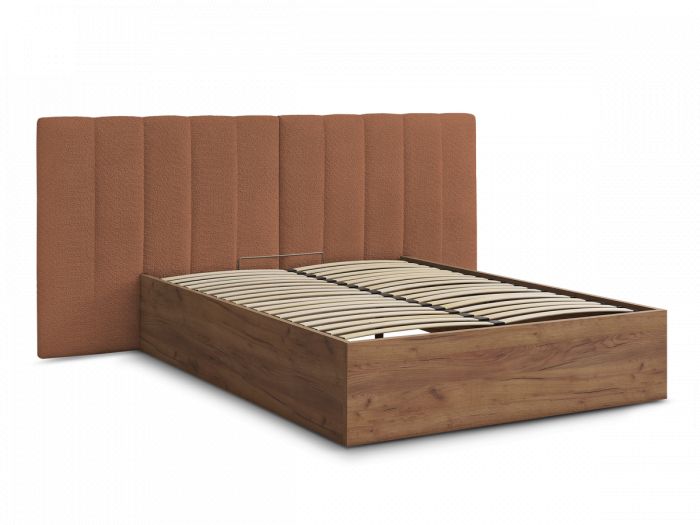 Lit coffre TIMO en bois clair et tissu bouclette