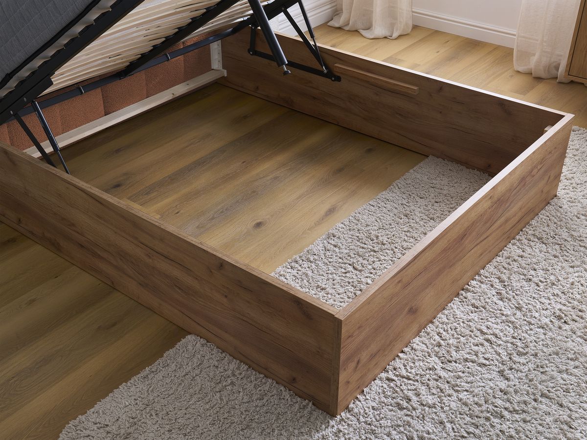 Lit coffre TIMO en bois clair et tissu bouclette