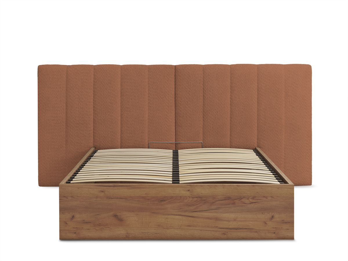 Lit coffre TIMO en bois clair et tissu bouclette