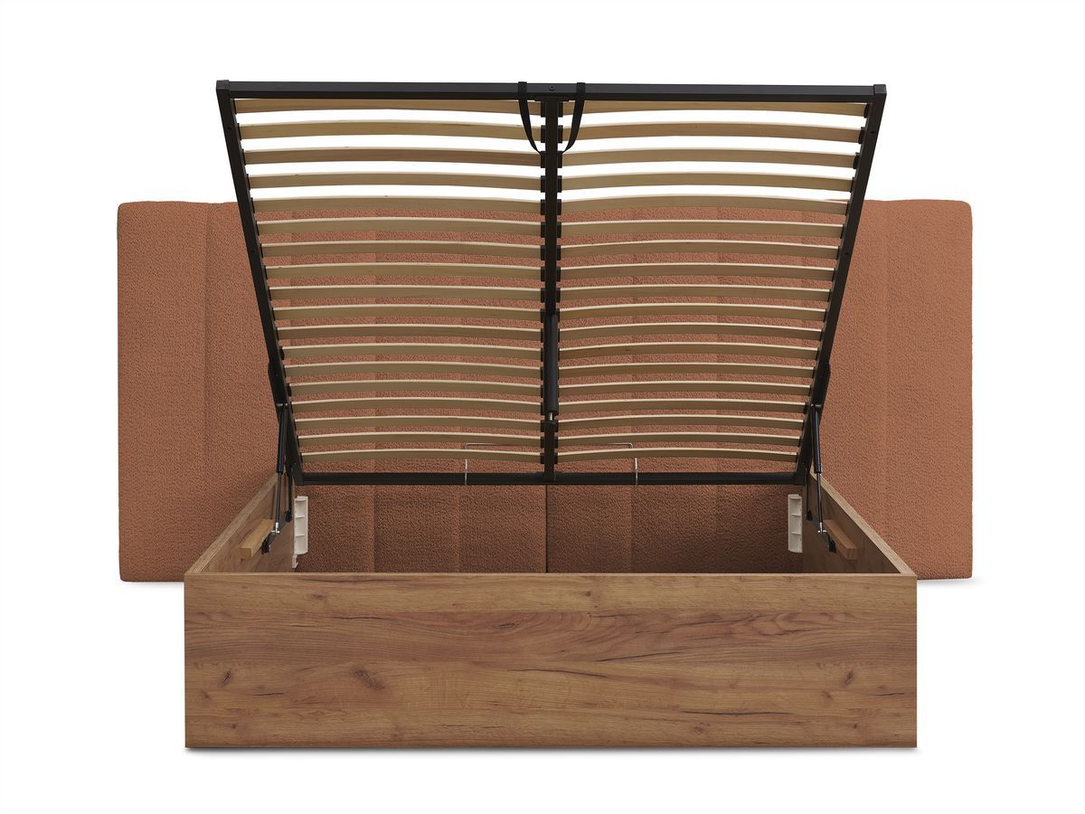 Lit coffre TIMO en bois clair et tissu bouclette