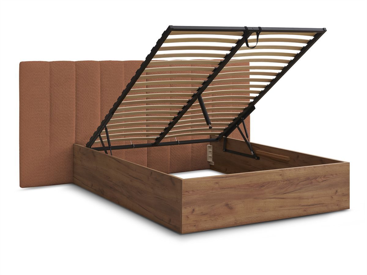 Lit coffre TIMO en bois clair et tissu bouclette