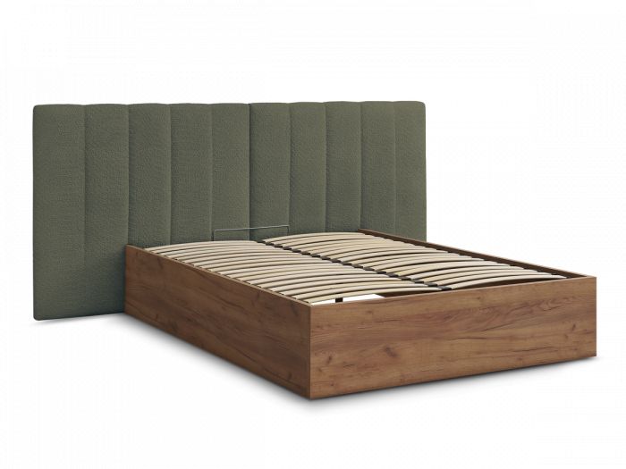 Lit coffre TIMO en bois clair et tissu bouclette