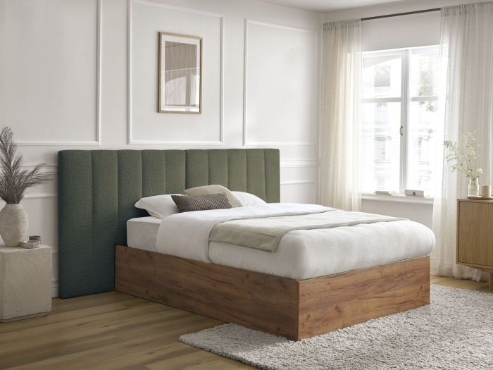 Lit coffre TIMO en bois clair et tissu bouclette