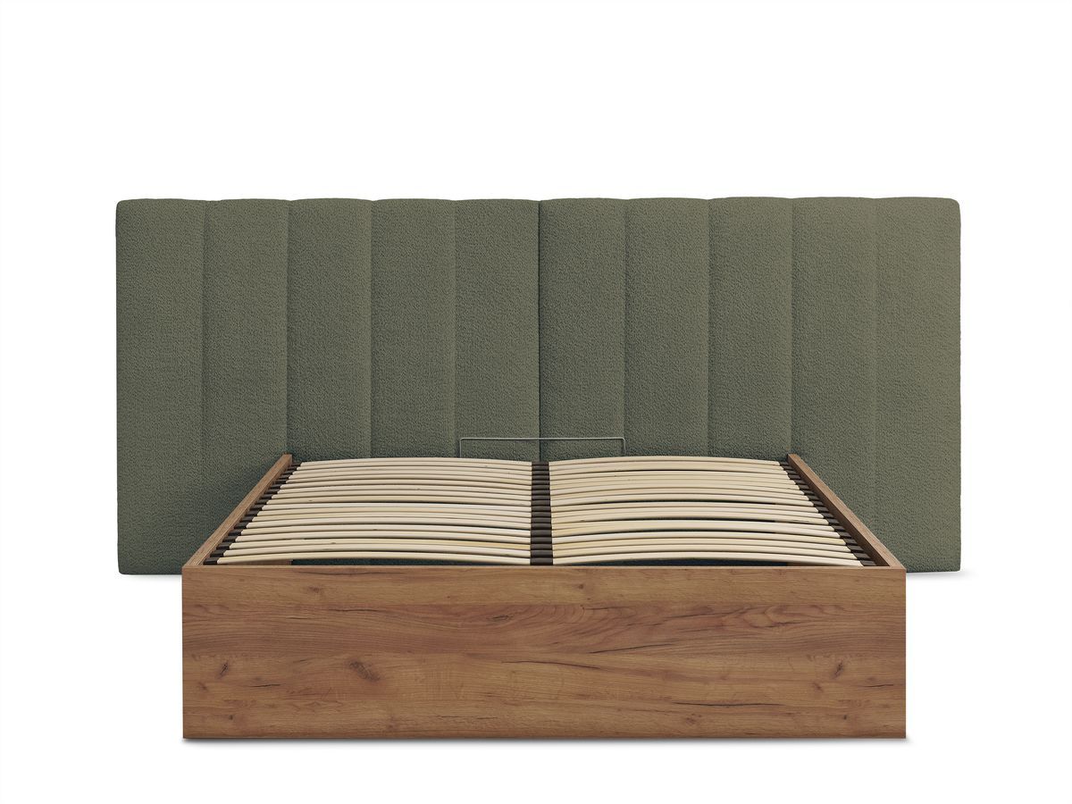 Lit coffre TIMO en bois clair et tissu bouclette