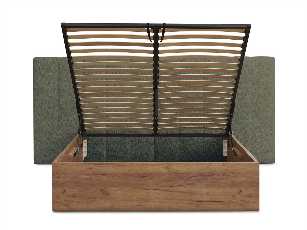 Lit coffre TIMO en bois clair et tissu bouclette