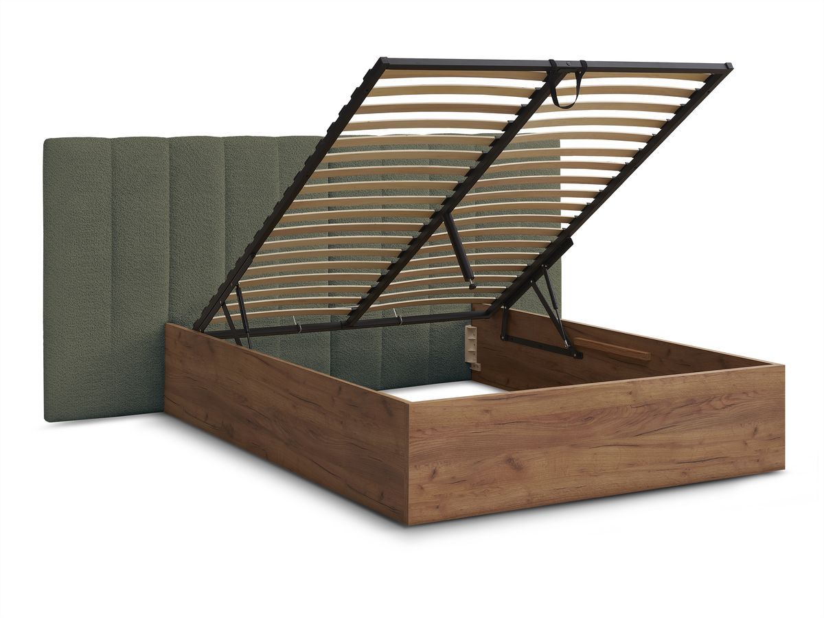 Lit coffre TIMO en bois clair et tissu bouclette