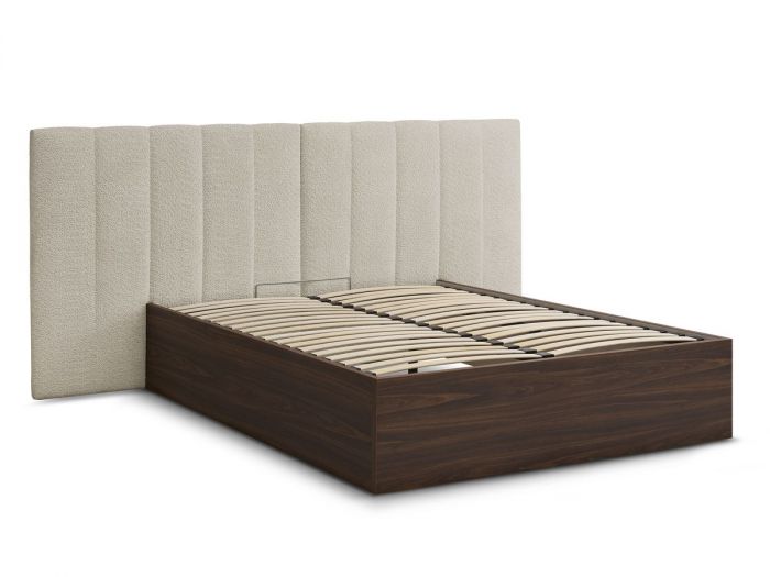 Lit coffre TIMO en bois foncé et tissu bouclette