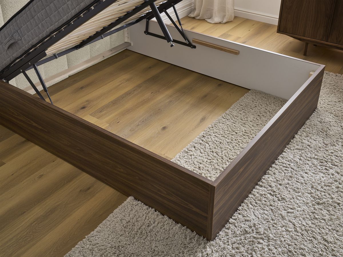 TIMO opbergbed in donker hout en badstof