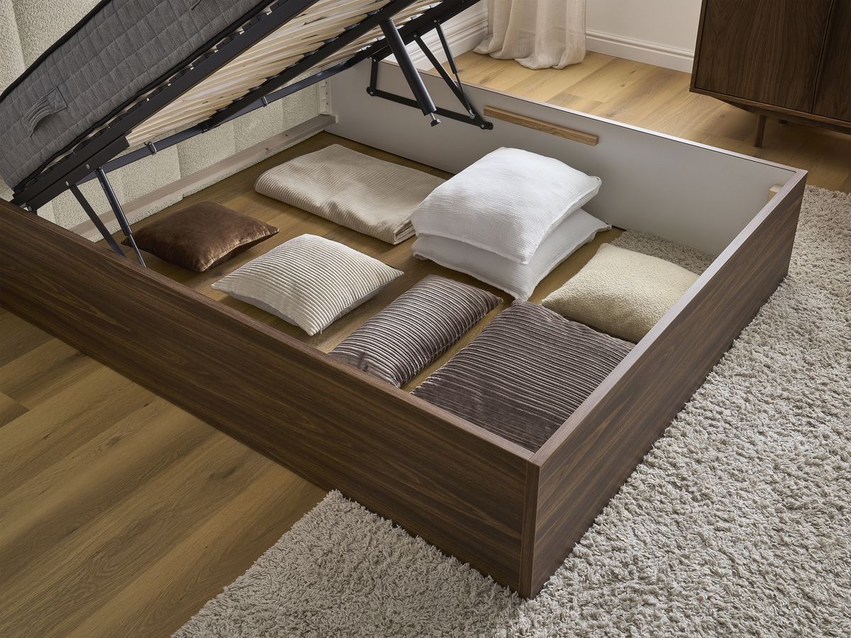 TIMO opbergbed in donker hout en badstof