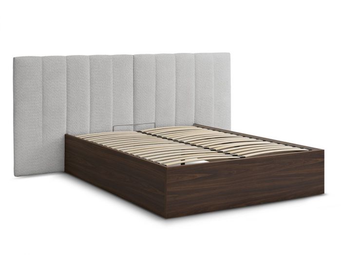 Lit coffre TIMO en bois foncé et tissu bouclette