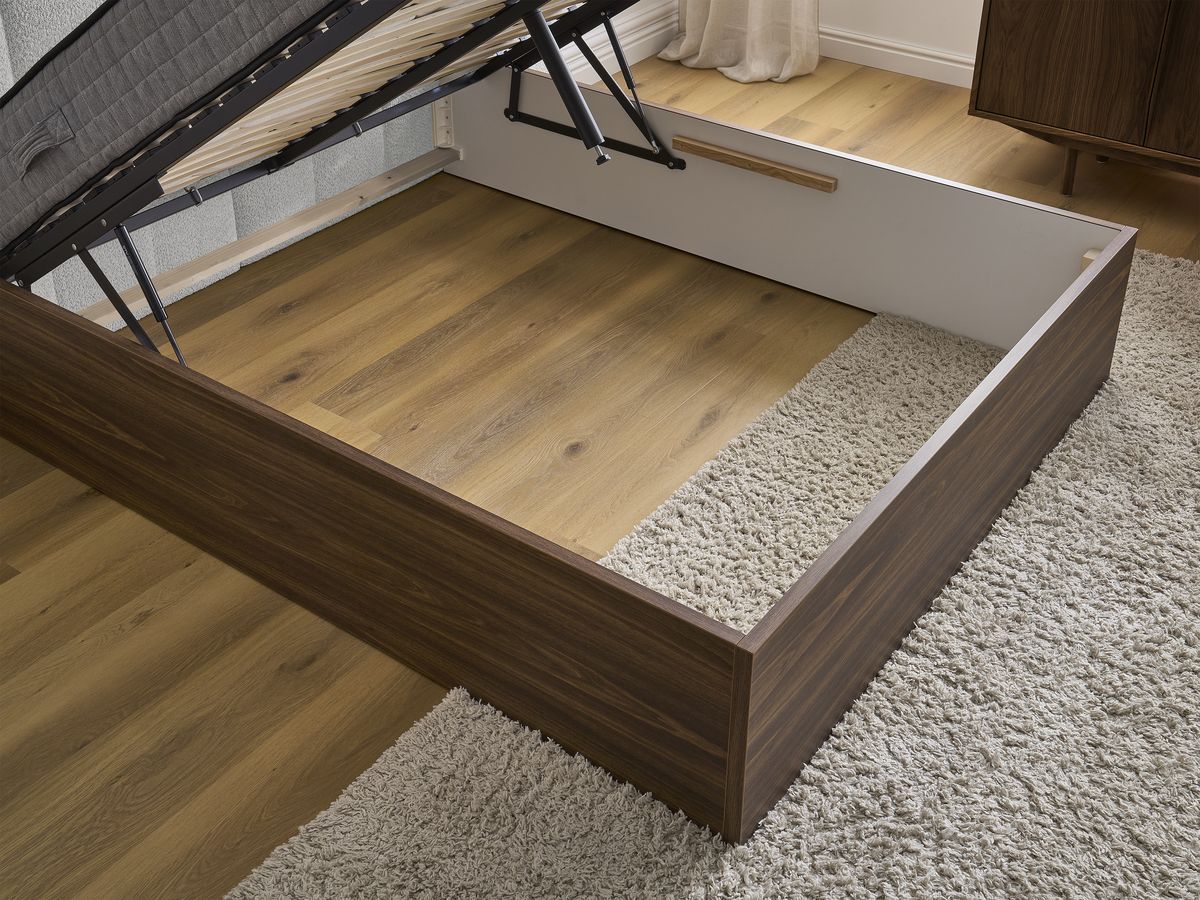 TIMO opbergbed in donker hout en badstof