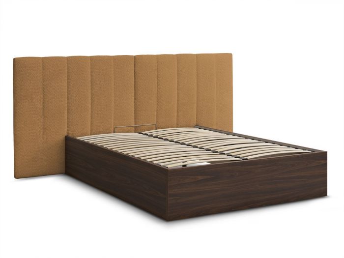 Lit coffre TIMO en bois foncé et tissu bouclette