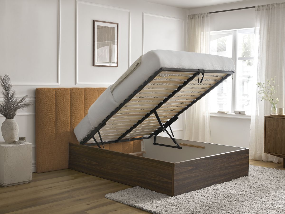 TIMO opbergbed in donker hout en badstof