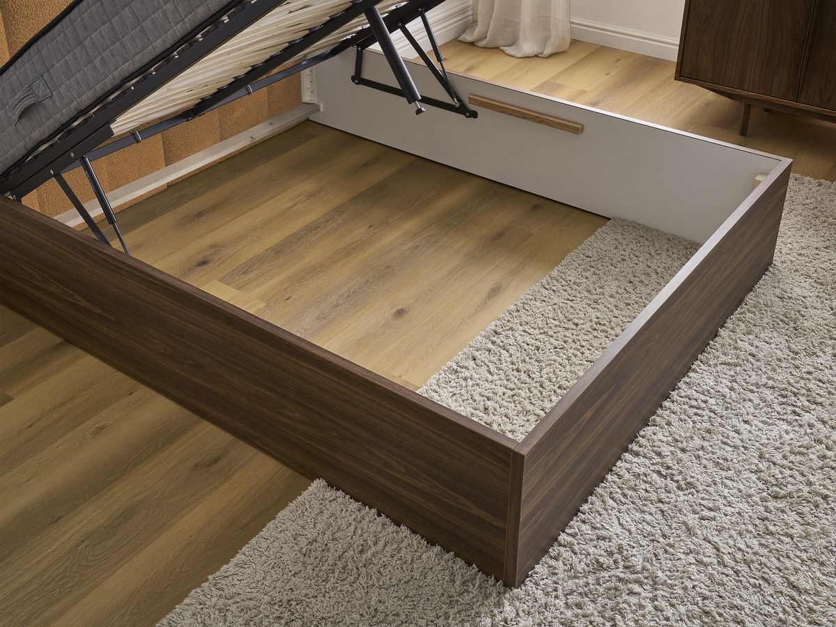 TIMO opbergbed in donker hout en badstof