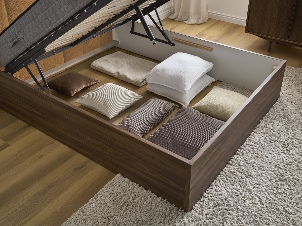 TIMO opbergbed in donker hout en badstof