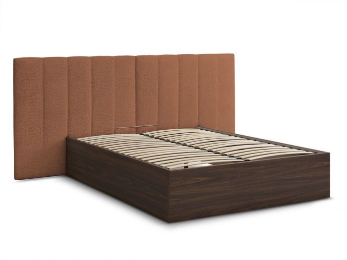 Lit coffre TIMO en bois foncé et tissu bouclette