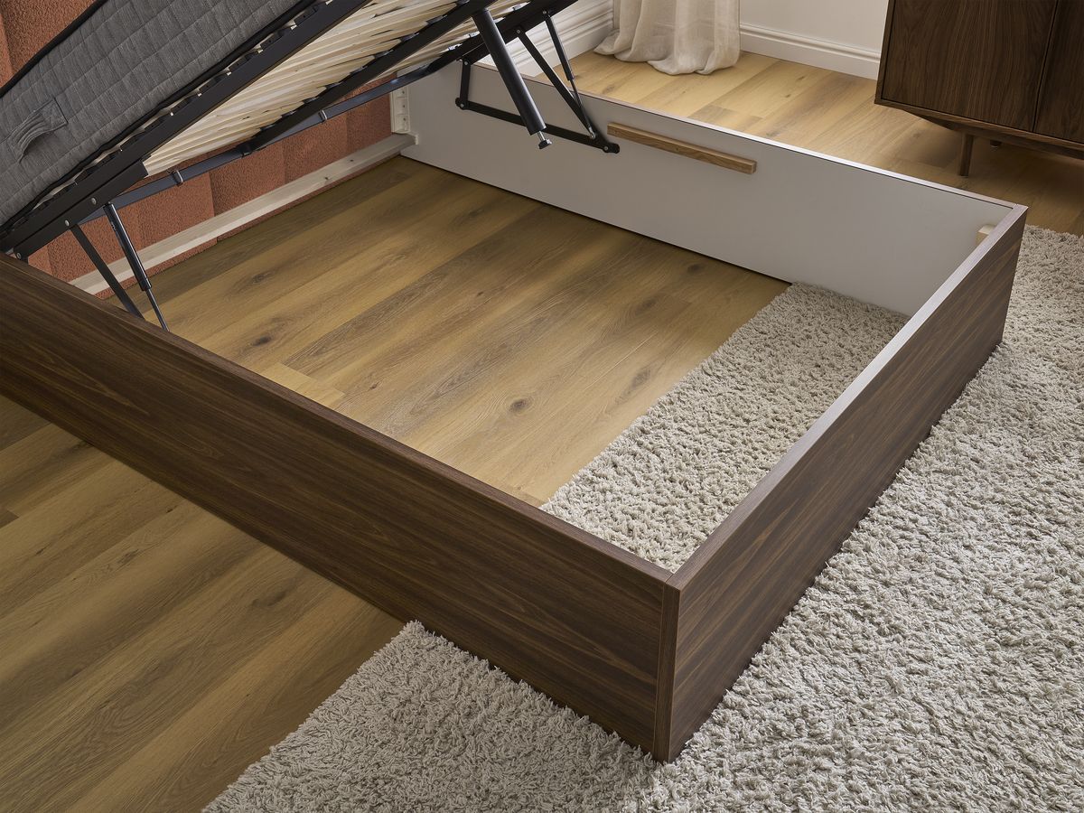TIMO opbergbed in donker hout en badstof