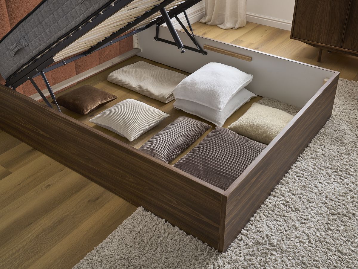 TIMO opbergbed in donker hout en badstof