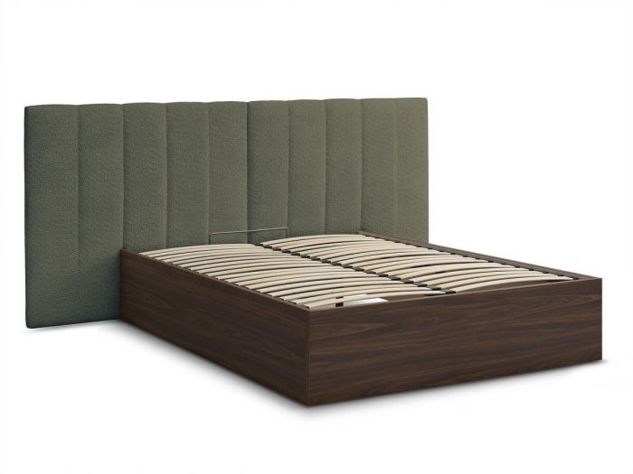 Lit coffre TIMO en bois foncé et tissu bouclette