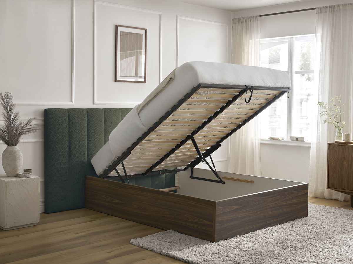 TIMO opbergbed in donker hout en badstof