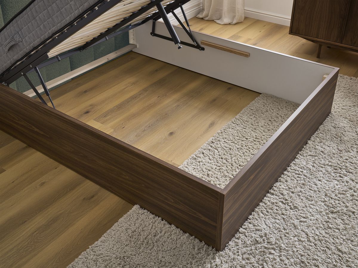 TIMO opbergbed in donker hout en badstof