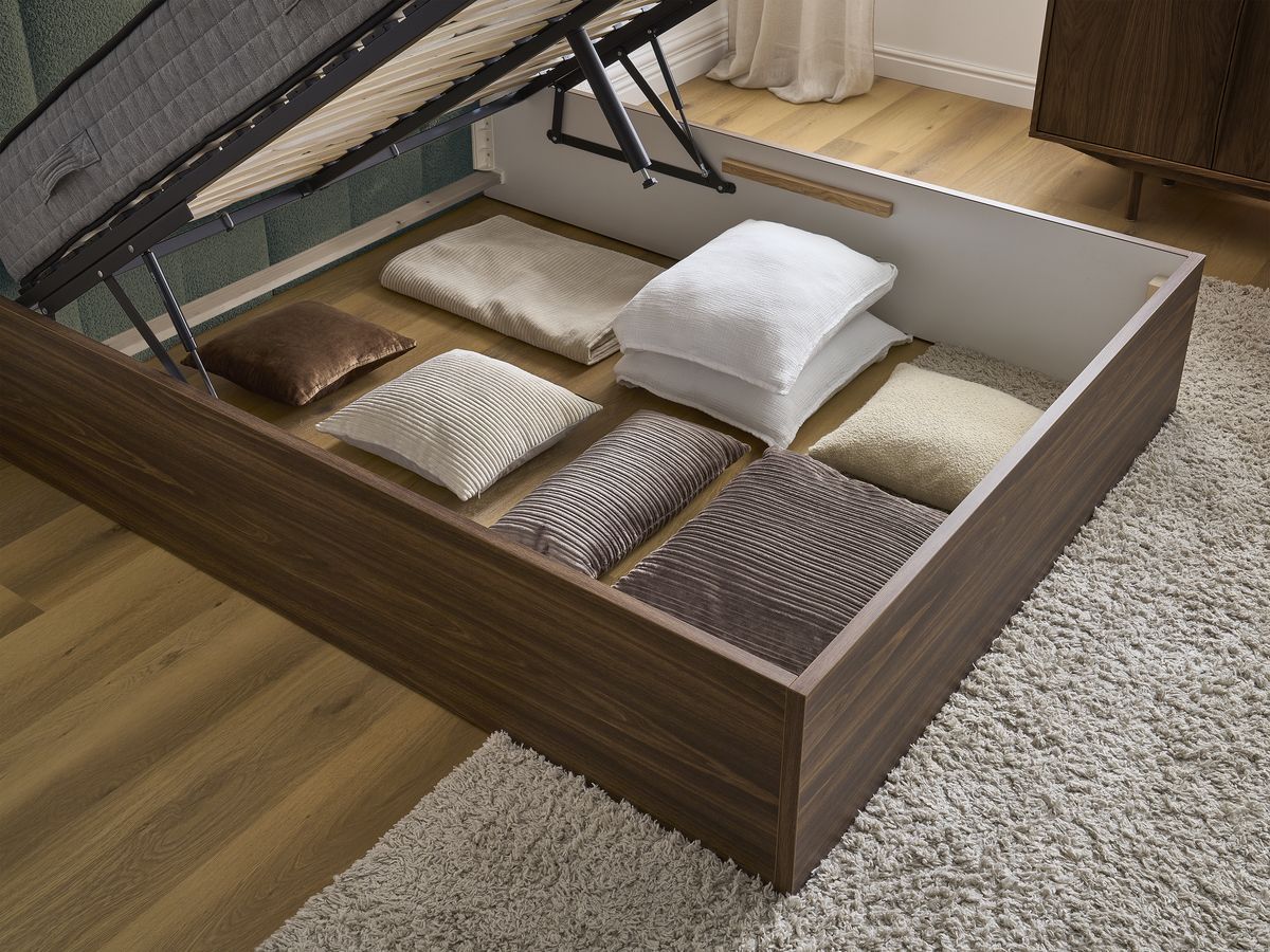 TIMO opbergbed in donker hout en badstof